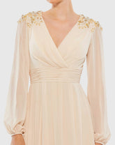 Beige Embellished Shoulder Blouson Sleeve Evening Gown